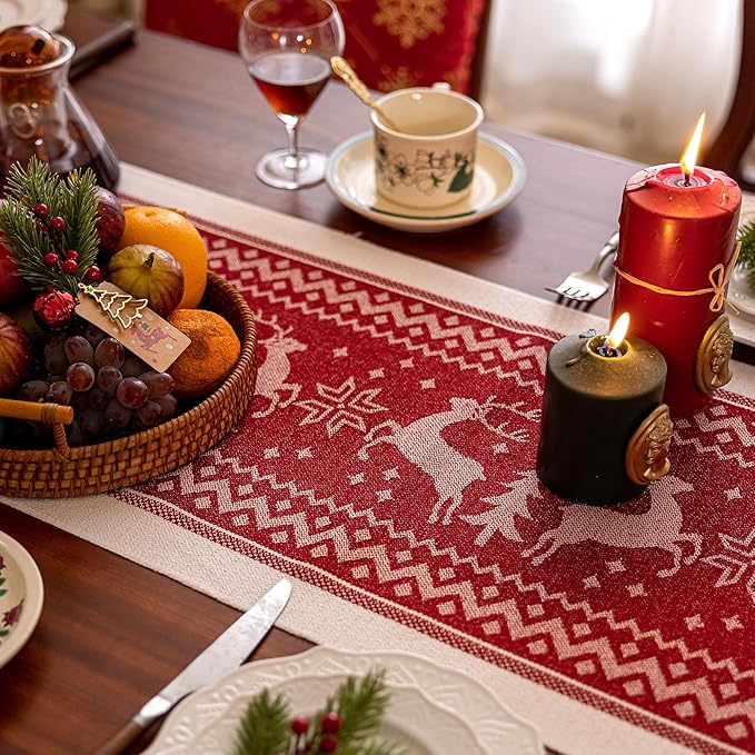 Table Runners 63 Inches,Elk Table Runner with Tassel Fringe,Christmas Table Runner for Party，Coffee Table, Festival