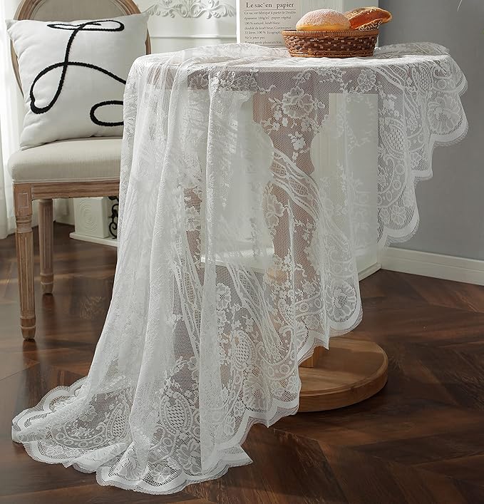 Gorgeous Round Lace Tablecloth,Vintage Floral Embroidered Table Cloths, Chic Round Table Cover for Wedding Banquet HolidayDinner Tables 60INCH (White)