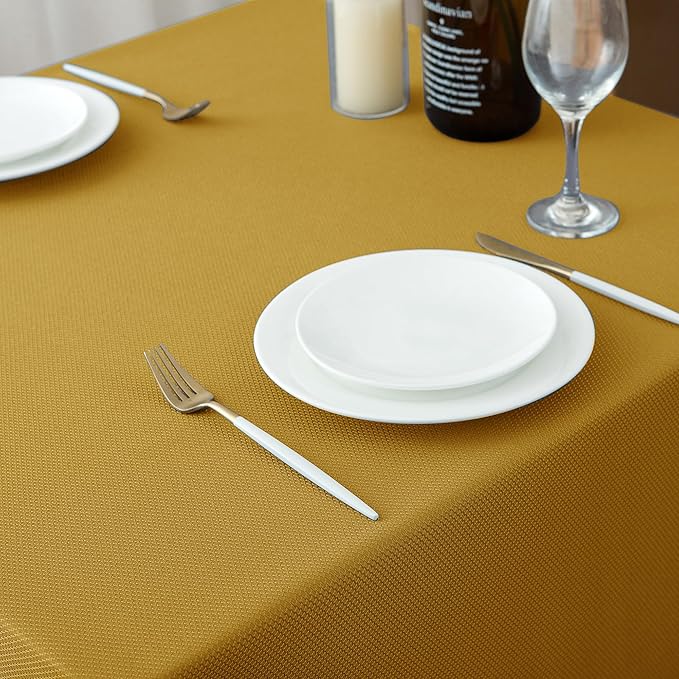 Biscaynebay Textured Fabric Christmas Square Table Cloth 60x60 Inches, Gold Water Resistant Tablecloths for Dining, Kitchen, Wedding and Parties etc. Machine Washable