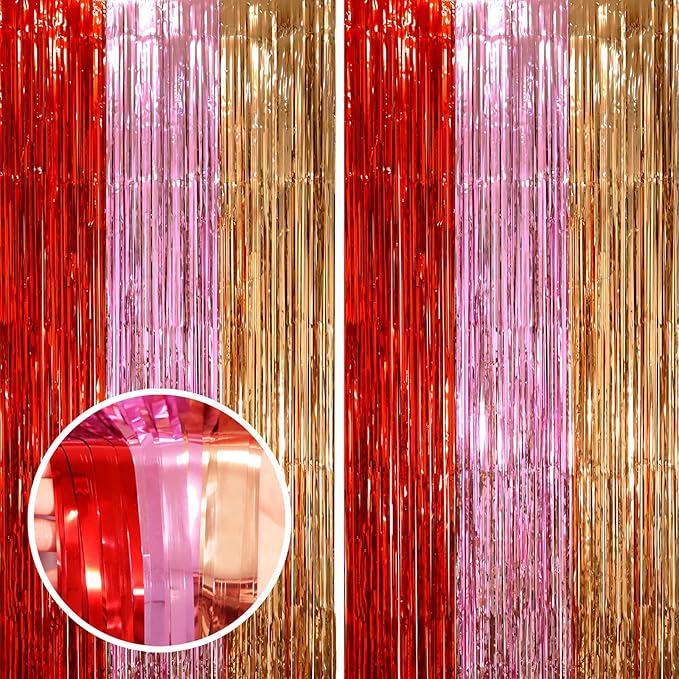 2 Pack Valentine Foil Fringe Backdrop Curtains, Tinsel Streamers Party Decorations, Fringe Backdrop, Door Shimmer for Valentine or Birthday Party