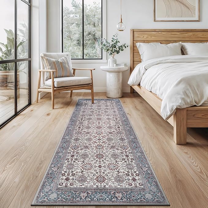 Bloom Rugs Washable Non-Slip 10 ft Runner - Teal/Blue/Beige Traditional Oriental Runner for Entryway, Hallway, Bathroom, and Kitchen - Exact Size: 2.5' x 10'