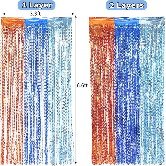 3 Pack Wavy Blue Dog Tinsel Backdrop Party Decorations - 3.3x6.6ft Orange and Dark Light Blue Metallic Foil Fringe Streamers for Birthday Party Supplies Photo Booth Prop Backdrop