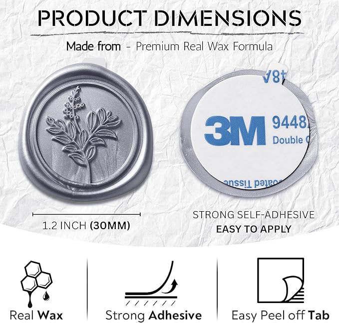 Wax Seal Stickers (60 Pcs, 3 Designs in 1 Pack) Premium Envelope Seal Stickers for Wedding Invitation Envelopes, Adhesive Wax Seals, Perfect for Seating Chart, Gift Wrapping