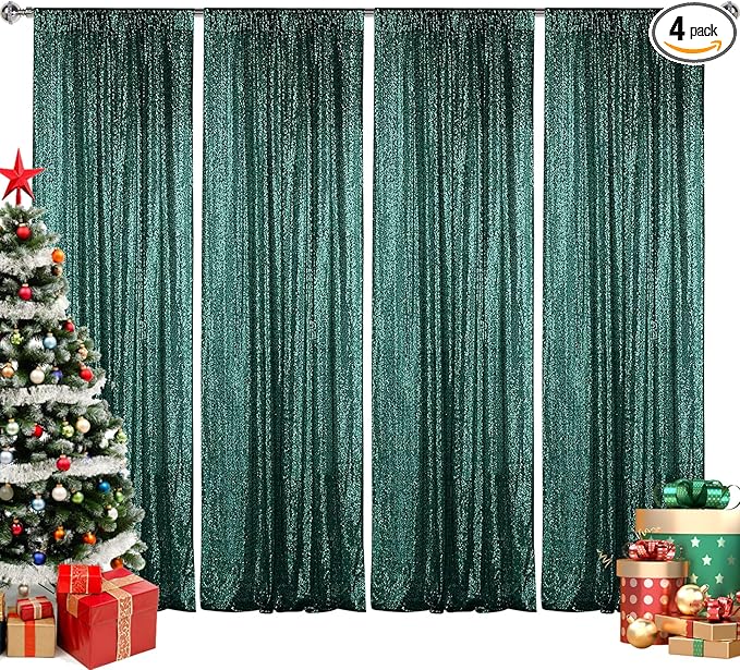 Sugargirl Dark Green Sequin Backdrop Curtain 4 Panels 2FTx8FT Glitter Dark Green Background Drapes Sparkle Photography Backdrop for Party Wedding Birthday Wall Decoration