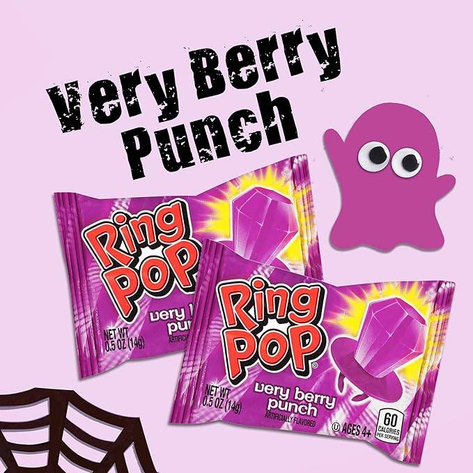Ring Pop Purple Halloween Candy Lollipops, 30Ct Bulk Individually Wrapped in Very Berry Punch Flavor, Full Size, Fun Candy For Birthday, Party Favors, Trick or Treat, Halloween Bowls, Gifts For Kids