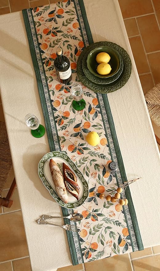 patdrea Designer Vintage Fresh Farmhouse Linen Table Runner 102 Inch Long, Green and Orange Pattern Table Mat, Decor for Kitchen Dining Table Coffee Table Shelf Cabinet Banquet Christmas ,12"*102"