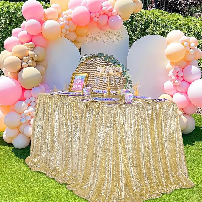 QueenDream Light Gold Sequin Decorative Party Tablecloth: Large Shimmer Dessert Table Overlay 90x132 Inch Dinner Table Drapes Cocktail Xmas Decor