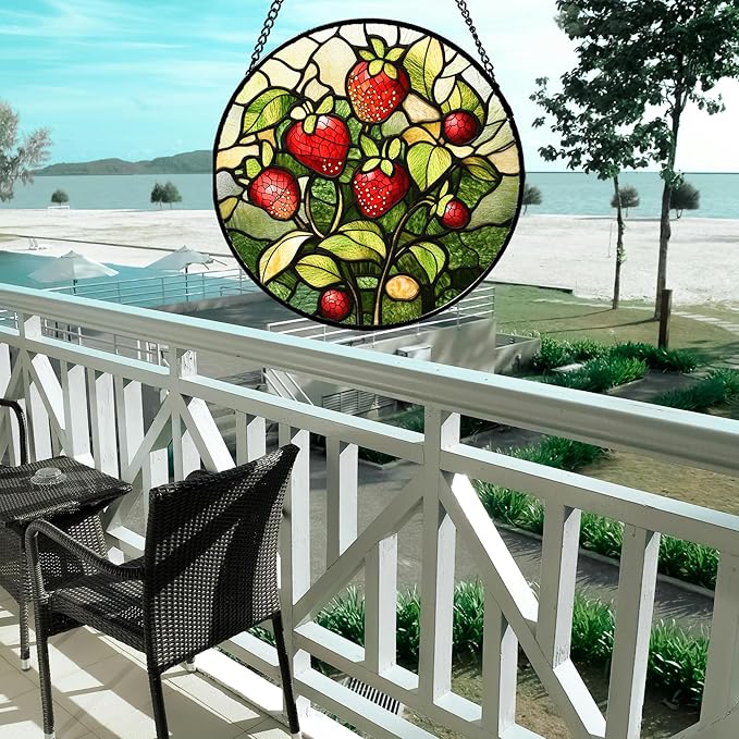 Stained Glass Window Hanging - Red Strawberry Suncatcher for Doors Window Home Green Plant Sun Catchers Decor Christmas Mother's Day Birthday Gifts for Teacher Women Men Mom Nana 7.8 in