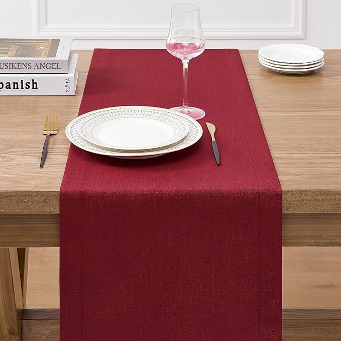 ZeeMart Linen Textured Border Table Runner, 14 x 90 Inch Red, Farmhouse Style Red Table Runners 90 Inches Long, Easy Care Everyday Polyester Table Runner