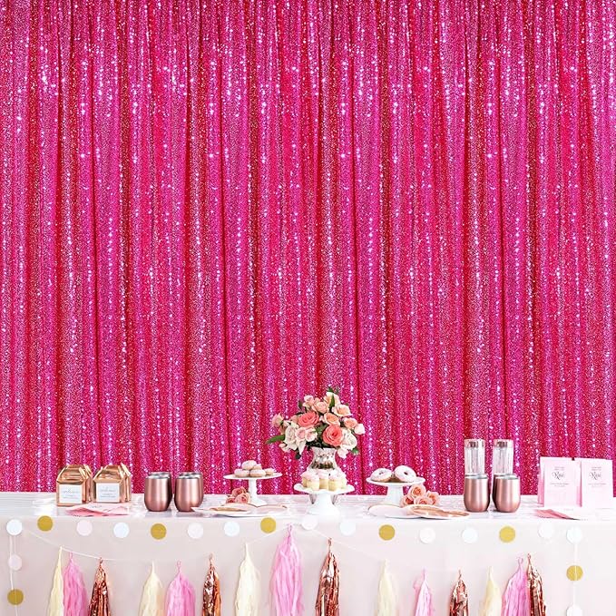 Hot Pink Sequin Backdrop Curtain for Party Fuchsia Background Drapes Panels 6FT x 8FT Glitter Fabric (3 Pieces 2FT x 8FT)