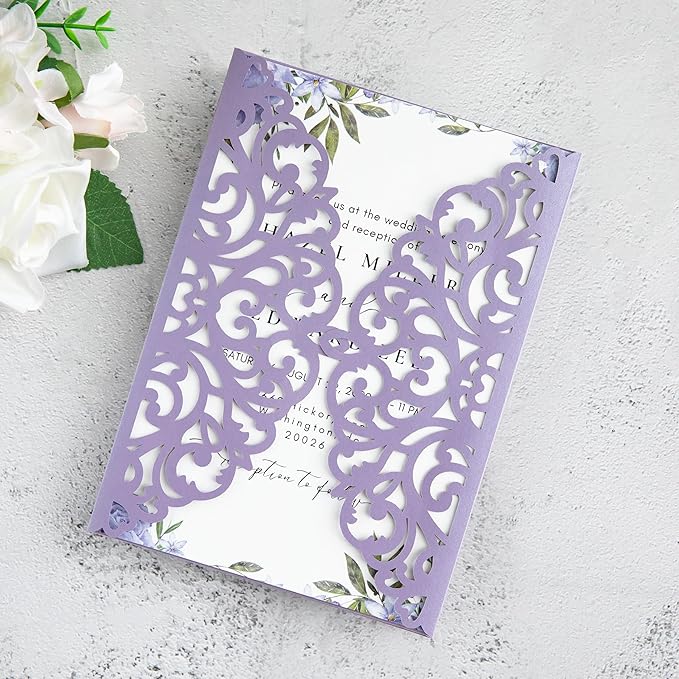 20Pcs Lilac Laser Cut Invitation Cards With Blank Inner Sheets for Wedding Cards Bridal Shower Engagement Quinceanera Invitation (No Envelopes)