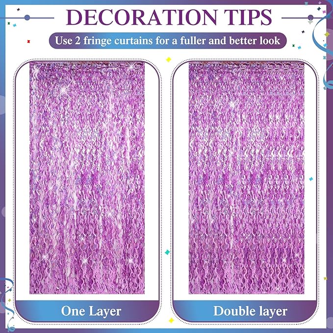 Jutom 6 Pieces 3.3 x 6.6 ft Wavy Tinsel Foil Fringe Curtains Foil Fringe Streamer Backdrop Party Curtain for Sea Mermaid Baby Shower Birthday Party Decoration(Light Purple)