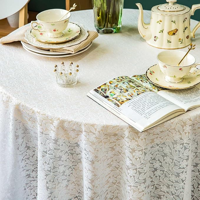 Lace Tablecloth Leaf Pattern Warp Knitting Fabric Solid White Round Table Cover for Kitchen Dining Farmhouse Wedding Party Decor Ivory, 70 Inch