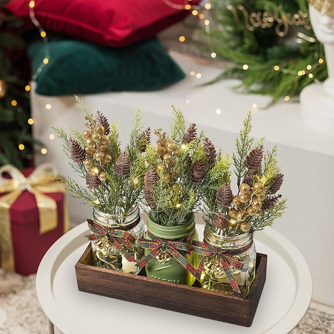 3 Pcs Mason Jar Centerpiece Decorations for Christmas Table Decor Farmhouse Coffee Table Decor Christmas Kitchen and Room Decor,Green