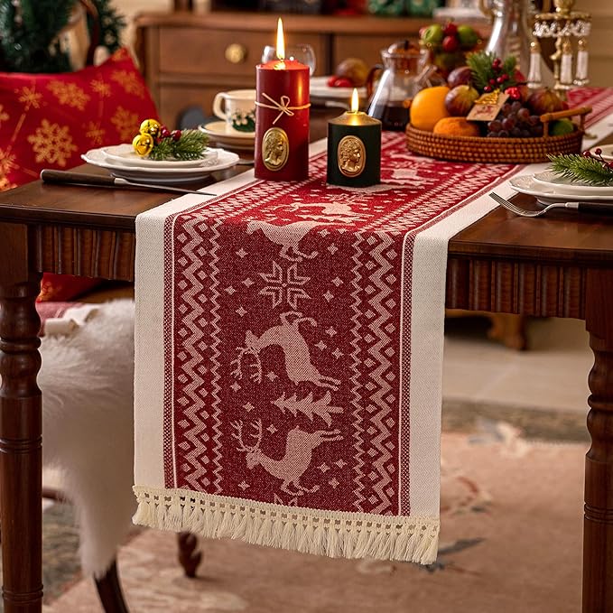Table Runners 72 Inches,Elk Table Runner with Tassel Fringe,Christmas Table Runner for Party，Coffee Table, Festival