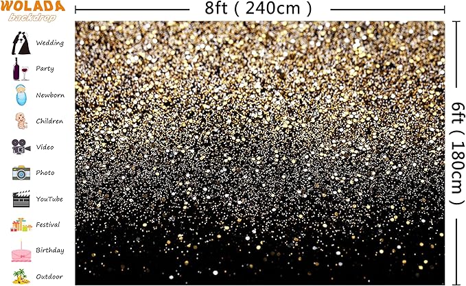 WOLADA Black and Gold Backdrop Golden Glitter Backdrop for Photography Wedding Birthday Baby Shower Party Photo Studio 8x6FT 11176