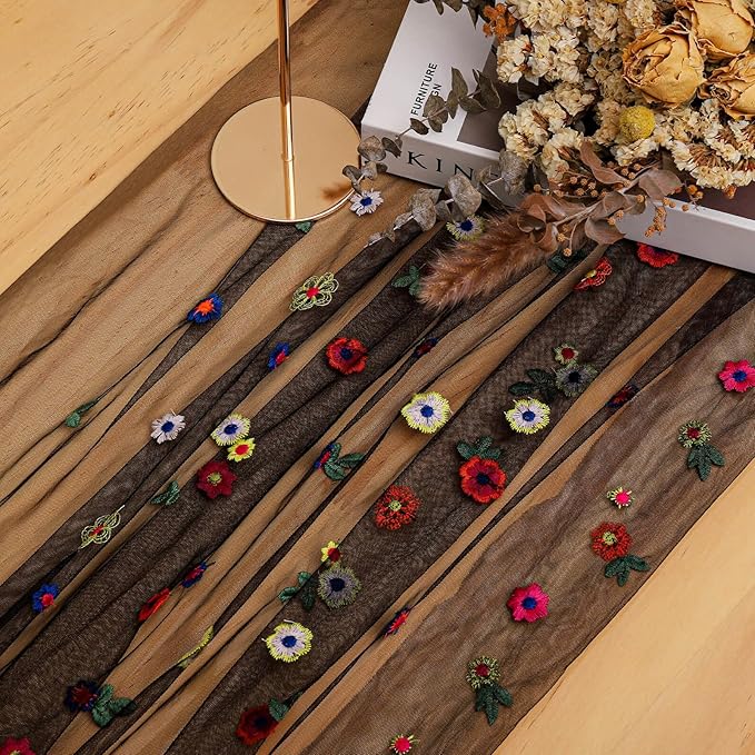 BINBE 6pcs Black Daisy Fall Table Runner Embroidery Gauze 10FT Florals Seasonal Tulle Holiday Birthday Kitchen Dining Table Decor for Home Party