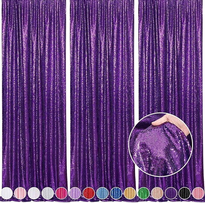Purple Backdrop Curtins Sequin Fabric 3 Panels Background Drapes 2FT x 8FT Wedding Halloween Bridal Baby Shower Theme Decorations