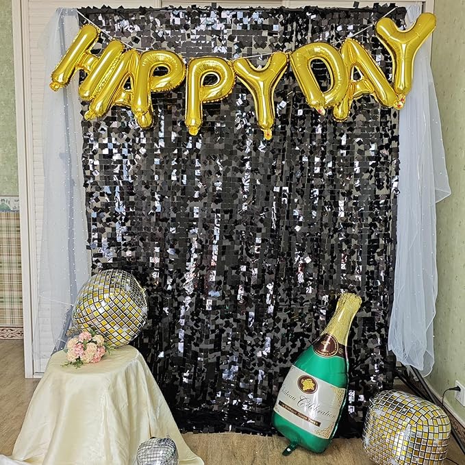 Black Square Sequin Backdrop 8ft * 8ft 1 Panel, Shimmer Wall Backdrop Photobooth Props for Wedding, Anniversary, Birthday, Party Decorations