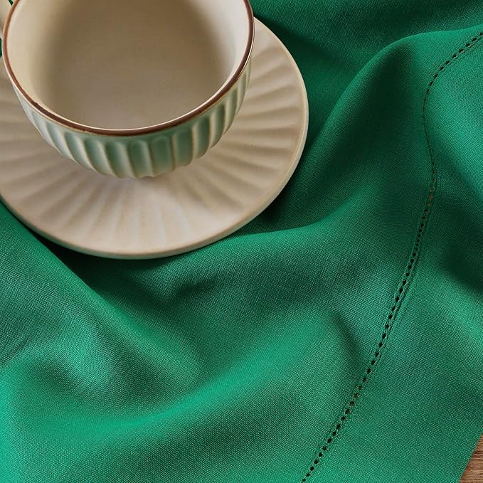 Solino Home Linen Table Runner 90 Inches Long - 100% Pure Linen Emerald Green Table Runner 14 x 90 Inch for Christmas - Classic Hemstitch