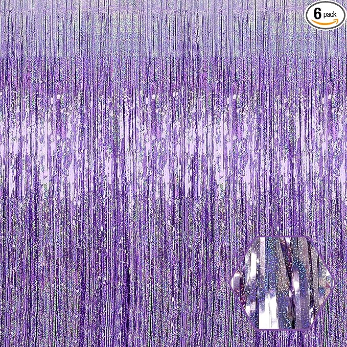 6 Pack Light Purple Foil Fringe Curtain Backdrop, 3.28Ft x 8.2Ft Metallic Tinsel Foil Fringe Streamer Curtains for Photo Booth, Christmas Day, New Year, Wedding Party Decorations