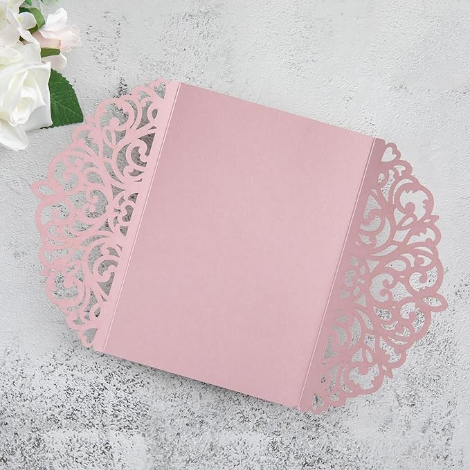 20Pcs Dusty Rose Laser Cut Invitation Cards With Blank Inner Sheets for Wedding Cards Bridal Shower Engagement Quinceanera Invitation (No Envelopes)