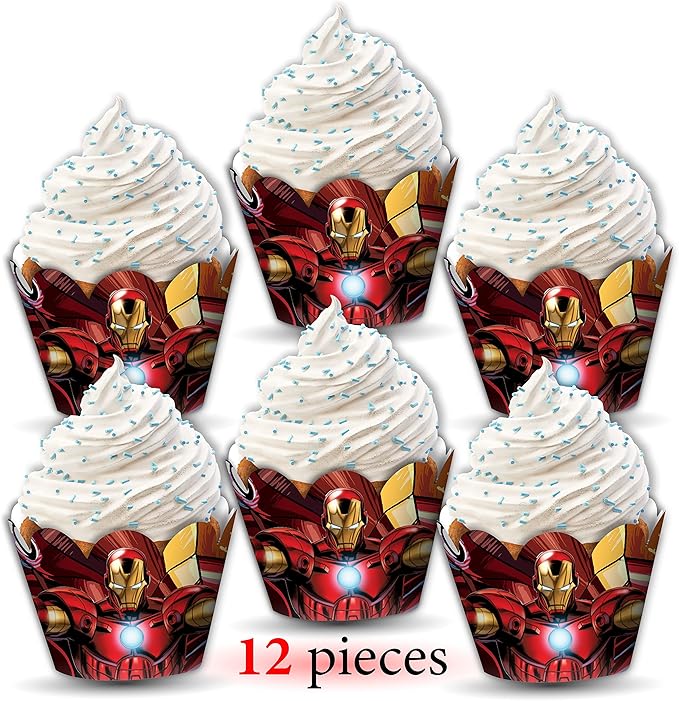"Irn Man Cupcake Wrapper – Theme Birthday Party Supplies – Cartoon Inspired Cupcake Decoration Wraps for Birthday, Baby Shower, School Events, and Themed Parties"