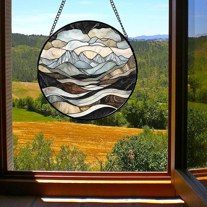Stained Glass Window Hanging - Grey Mountains Landscape Suncatcher for Doors Garden Patio Retro Sun Catchers Decor Christmas Mother's Day Birthday Gifts for Women Men Mom Nana Friend 9.8 in