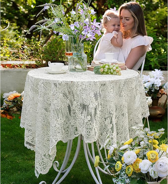 Lace Embroidered Tablecloth. Square Lace Vintage Tablecloth Dustproof Table Protector for Kitchen Dining Room Party Banquet Home Picnic Wedding Decoration (Creamy White 43×43 inch)