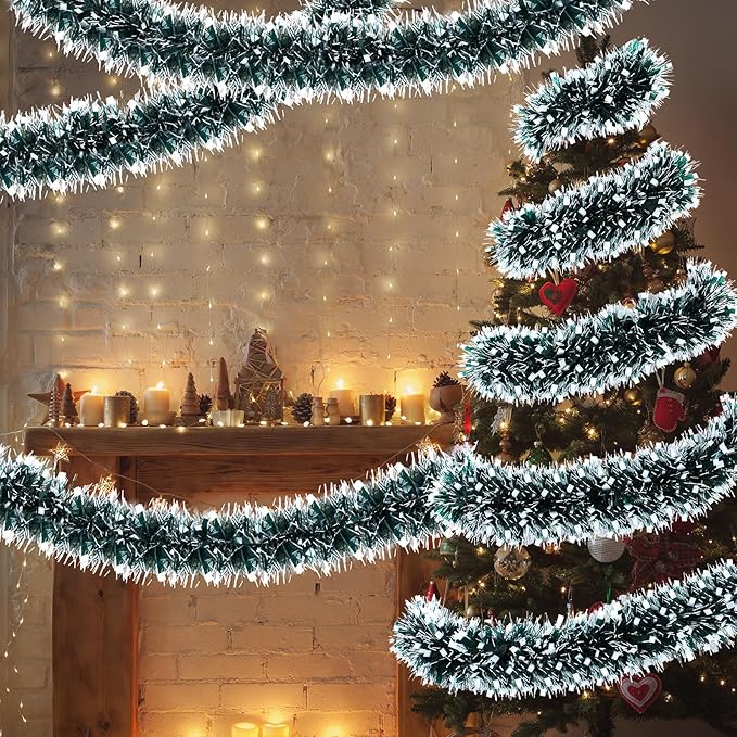 72 Feet Christmas Tinsel Garland Shiny Metallic Tinsel Twist Garland Streamers Ornaments Long Glitter Christmas Tree Hanging Decorations for Party Holiday Wedding Birthday Tree (Dark Green, Black)