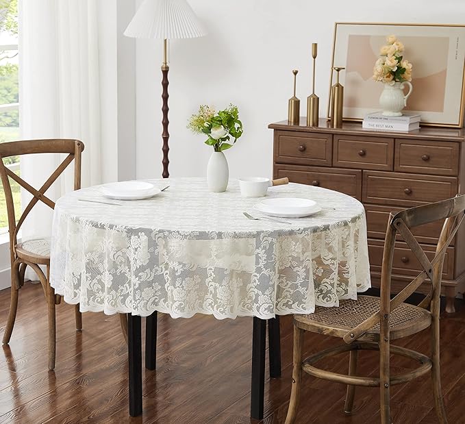 LinenZone Ivory Round Tablecloth for Rustic Vintage Decor. Sheer Lace Tablecloth Works Great As Wedding Table Cloth or Christmas Table Cover. (Mia 90 Round, Ivory)