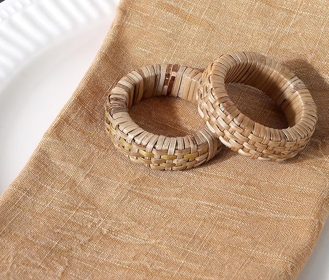 Handcrafted Napkin Ring Set of 12, Unique Cane & Plastic Design, Elegant Tableware, Premium Quality Napkin Ring, Perfect for Dinner Parties, Wedding Decor, Holiday Gatherings (Brown) - CLEENTABLE