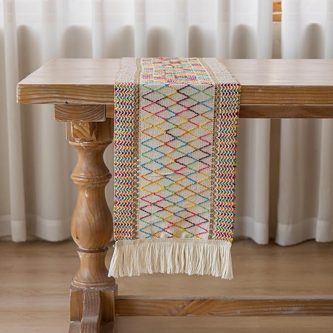 Boho Table Runner Colorful for Home Decor 12x90 Inches Farmhouse Macrame Burlap Jute Rustic Dining Kitchen Centerpiece Bohemian Decor French Country Baby Bridal Shower Decorations