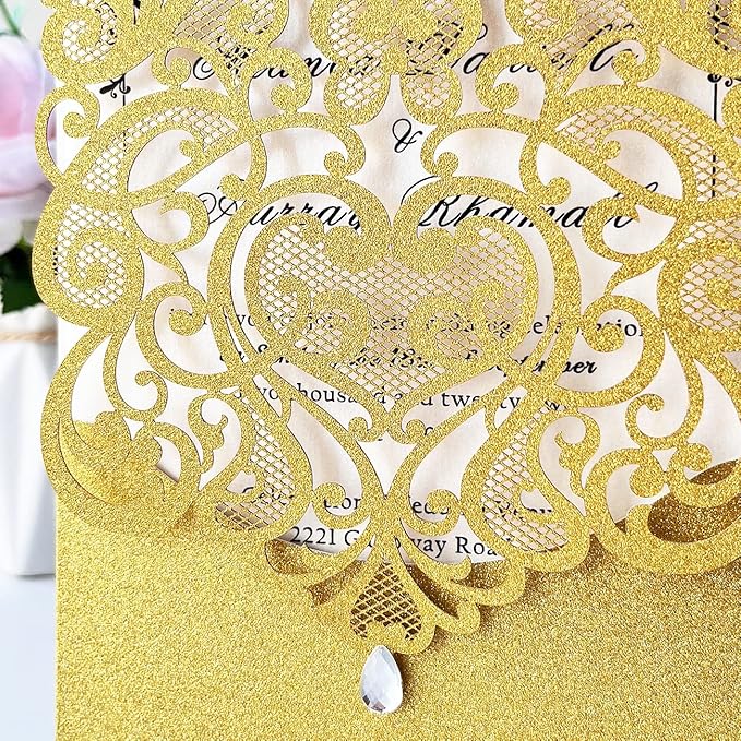 Hosmsua 5.12 x 7.3 50pcs Personalized Gold Laser Cut Flora Wedding Invitation Cards with Rhinestone and Envelopes Invitations for Quinceañera Wedding Invite (Customized Printed)