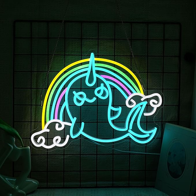 Rainbow Narwhal Neon Sign Dreamy Narwhal Led Sign Dimmable Rainbow Cloud Light up Sign Cute Fish Neon Light Decor for Bedroom Living Room Girl Dorm Shop Birthday Party Wedding Cartoon Lover