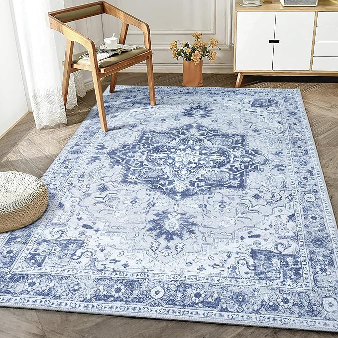 Bloom Rugs Washable Non-Slip 4' x 6' Rug - Gray/Blue Traditional Medallion Area Rug for Living Room, Bedroom, Dining Room, and Kitchen - Exact Size: 4' x 6'