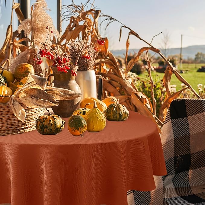 Biscaynebay Fall Tablecloth Textured Fabric Round Tablecloths 90", Rust Thanksgiving Autumn Harvest Water Resistant Fabric Tablecloths for Kitchen, Dining, Wedding, Parties Machine Washable