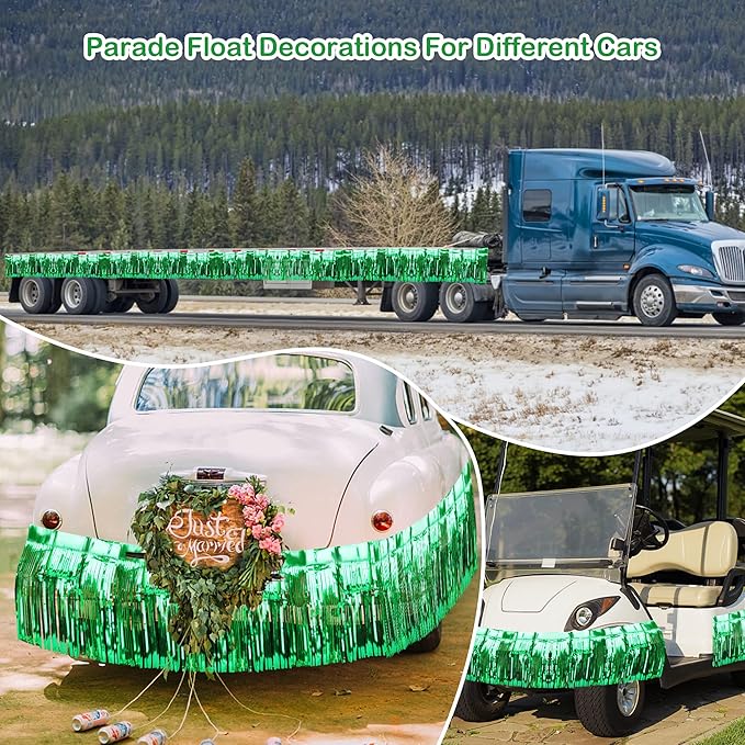 4 Pack Float Fringe Curtains, Metallic Foil Fringe Garland Shiny Tassel Foil Float Parade Float Decorations for Trailer Car Graduation Homecoming Outdoor Indoor St Patrick's Party (Green)