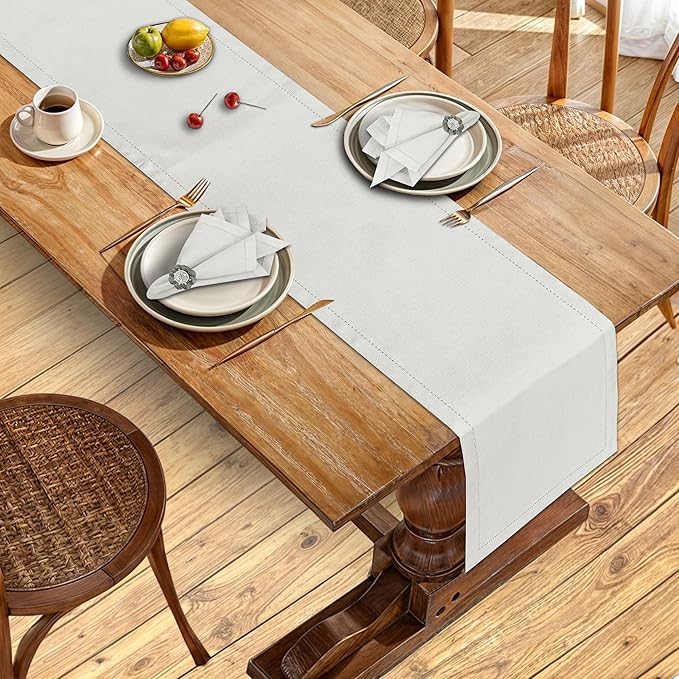 Ruvanti Linen Table Runner 60 Inches, Classic Hemstitch, Washable, Reusable, Non-Slipping, Stain Resistant- Perfect for Parties, Weddings, Dinners, Thanksgiving, Christmas, Indoor use – Ivory