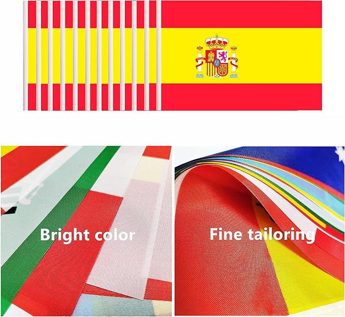 12 Pack Spain Desk Flags Set, Spanish Small Mini Table Office Flags With 12" Solid Black Pole, Black Base and Spear Top, Miniature Desktop Flag, Home Decoration, Office Decoration, Festival