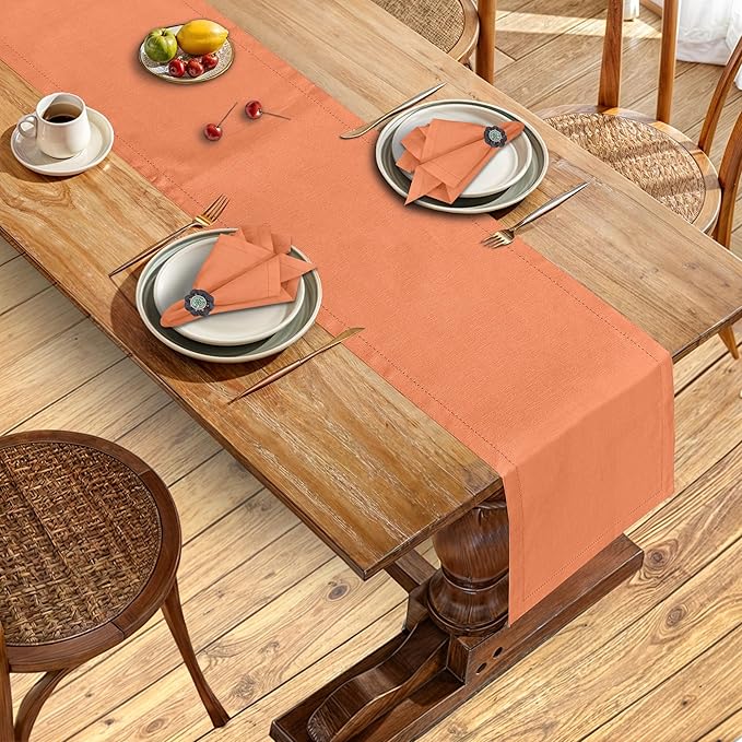 Ruvanti Linen Table Runner 90 Inches, Classic Hemstitch, Washable, Reusable, Non-Slipping, Stain Resistant- Perfect for Parties, Weddings, Dinners, Thanksgiving, Christmas, Indoor use – Orange