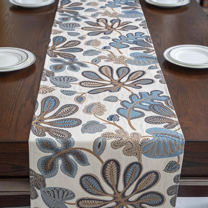 Mika Home Tropical Leaf Table Runner for Home Decor 13X90 Inches Blue Brown Seasonal Dining Table Decoration for Home