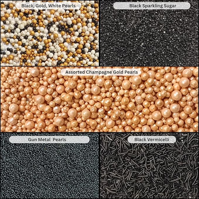 Confect Masquerade Sprinkles Mix – Champagne Gold & Black Pearl Dragees, Black Jimmies & Sparkling Sugar | Edible Sprinkles for Cakes, Cupcakes & Desserts | Vegan, Gluten-Free, Nut-Free, Soy-Free, Dairy-Free, Palm Oil-Free- 5 Oz