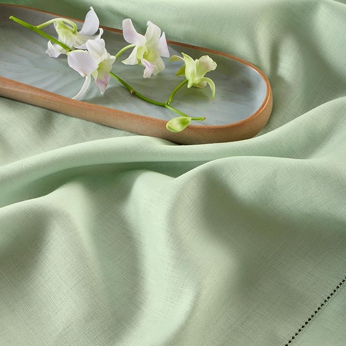 Solino Home Linen Table Runner 120 Inches Long - 100% Pure Linen Light Green Table Runner 14 x 120 Inch - Classic Hemstitch