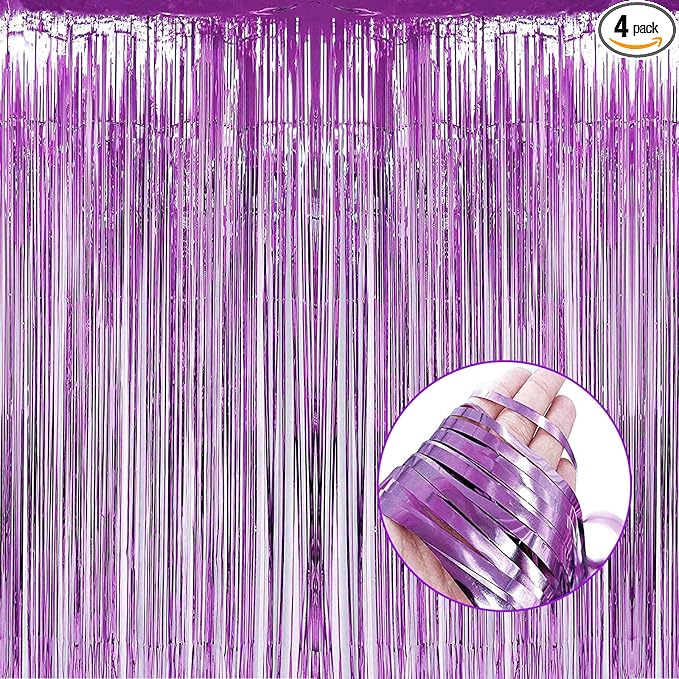 4 Pack Light Purple Foil Fringe Curtain Backdrop, 3.28Ft x 8.2Ft Metallic Tinsel Foil Fringe Streamers Curtains for Party,