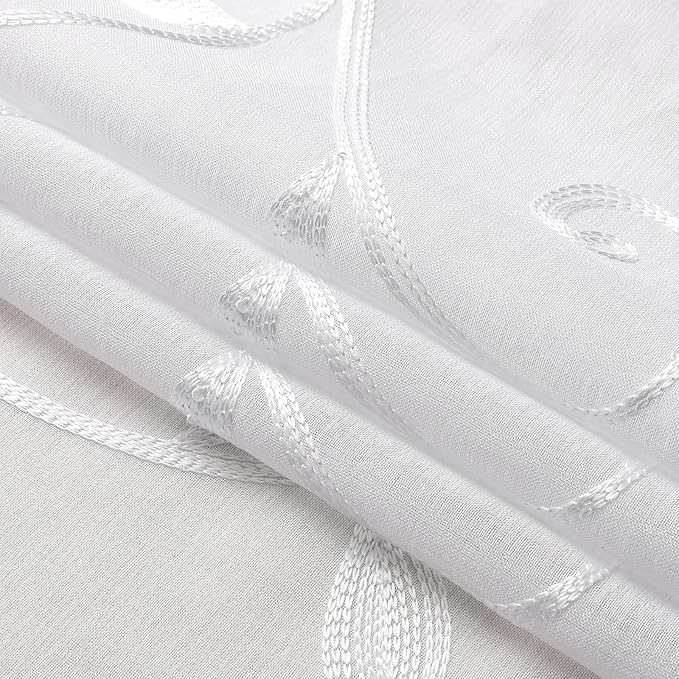 VISIONTEX White Leaves Sheer Voile Curtains, Decorative Embroidery Rod Pocket Window Drapes for Home Living Room and Bedroom 54 x 72 Inch, Set of 2 Curtain Panels