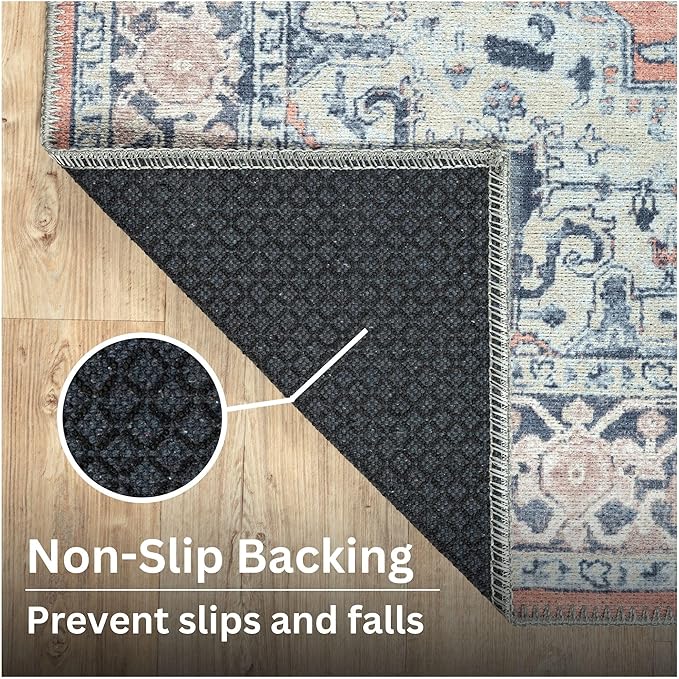 Bloom Rugs Washable Non-Slip 4' x 6' Rug - Coral/Blue Traditional Medallion Area Rug for Living Room, Bedroom, Dining Room, and Kitchen - Exact Size: 4' x 6'