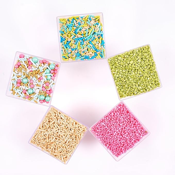 Confect Sprinkles – 5 Pack Assorted Cake Decorating Mix (Hot Pink & Ivory Pearl Dragees, Champagne Gold & Blue Jimmies, Green Sparkling Sugar) – Festive Edible Toppings for Cakes, Cupcakes, Cookies – Vegan, Gluten-Free, Nut-Free, Soy-Free, Dairy-Free, ...