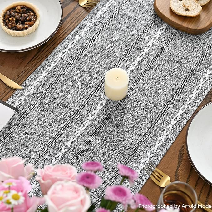 Artoid Mode Dark Grey Rustic Cotton Linen Table Runner, Seasonal Embroidered Hollow Kitchen Dining Table Decoration for Home Party Decor 13x72 Inch