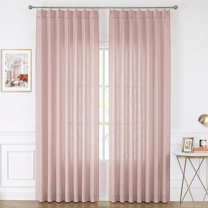 Vision Home Pink Pinch Pleated Semi Sheer Curtains for Girls Bedroom Living Room Textured Light Filtering Window Curtains 90 inch Rayon Blended Pinch Pleat Pink Drapes with Hooks 2 Panels 40" Wx90 L